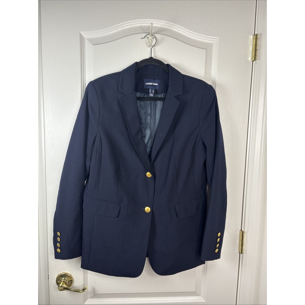 Lands End Womens Navy Blazer Gold Buttons Size 12 Preppy Old Money Academia